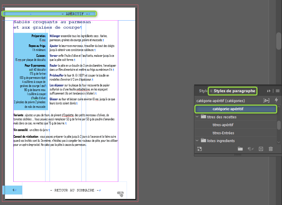 mise en page d'une recette sur indesign